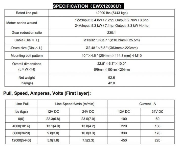 RUNVA WINCH - Steel Cable 12000lbs (5 443Kg) 12V