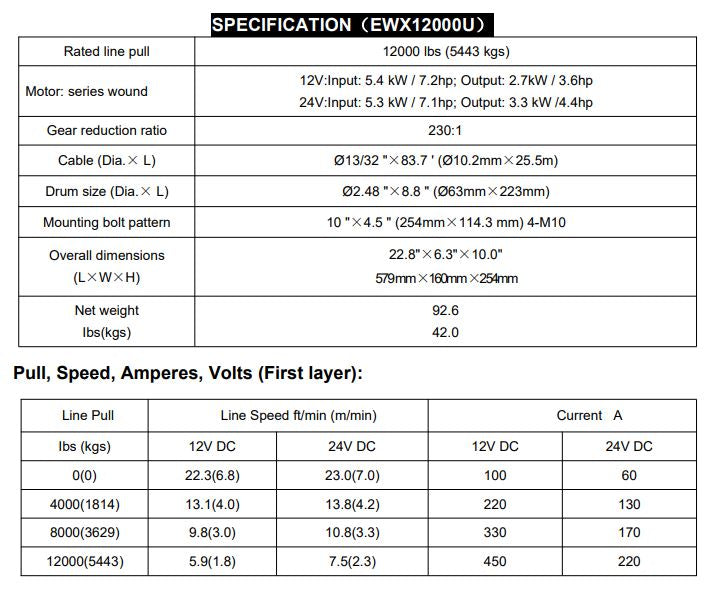 RUNVA WINCH - Steel Cable 12000lbs (5 443Kg) 24V