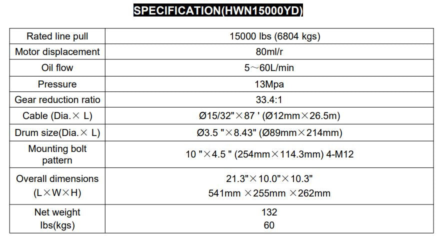RUNVA WINCH  - Hydraulic  -  Steel Cable  15000lbs (6 804kg)