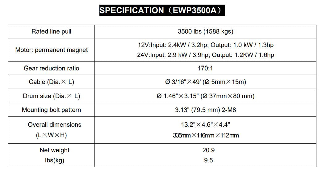 RUNVA WINCH - Synthetic Rope 3500lbs (1 588Kg) 12V