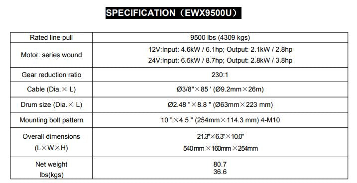 RUNVA WINCH - Steel Cable 9500lbs (4 309Kg) 12V