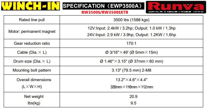RUNVA WINCH - Steel Cable 3500lbs (1 588kg) 24V