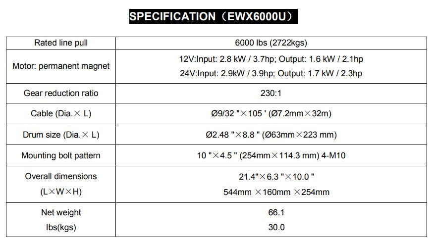 RUNVA WINCH - Steel Cable 6000lbs (2 722Kg) 12V