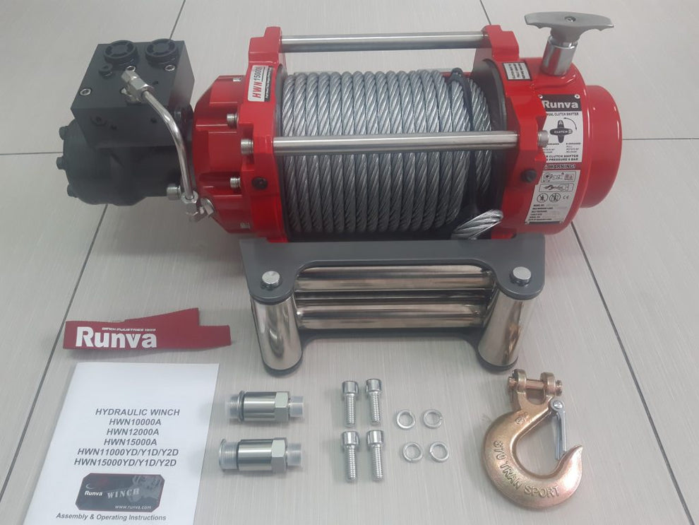 RUNVA WINCH - Hydraulic - Steel Cable 15000lbs (6 804kg) RED WINCH - Stainless steel roller fairlead included.