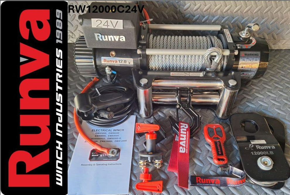 RUNVA WINCH - Steel Cable 12000lbs (5 443Kg) 24V - 2 x Remotes (Wire+Wireless)