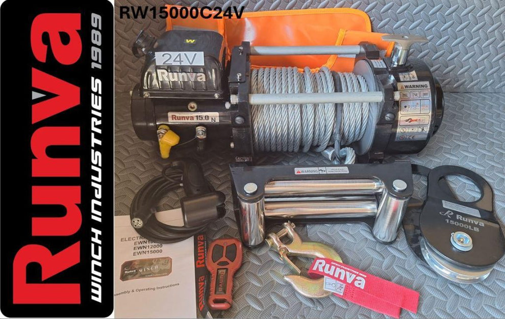 RUNVA WINCH - Steel Cable 15000lbs (6 804Kg) 24V - 2 x Remotes (Wire+Wireless)
