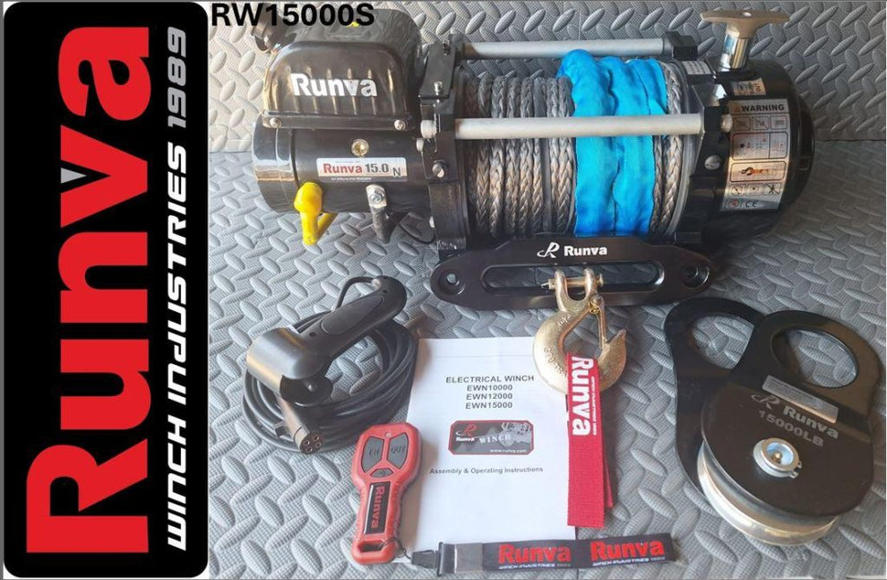 RUNVA WINCH - Synthetic Rope 15000lbs (6 804Kg) 12V - 2 x Remotes (Wire+Wireless)