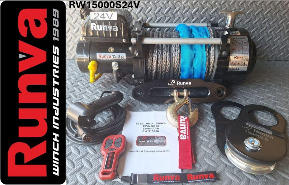 RUNVA WINCH - Synthetic Rope 15000lbs (6 804Kg) 24V - 2 x Remotes (Wire+Wireless)