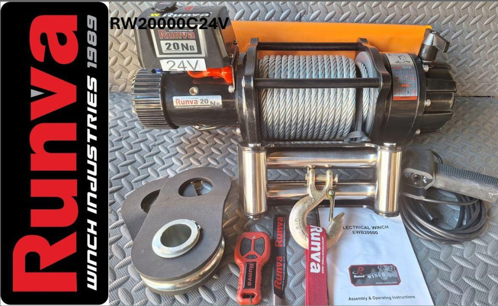 RUNVA WINCH - Steel Cable 20000lbs (9 072Kg) 24V - 2 x Remotes (Wire+Wireless)