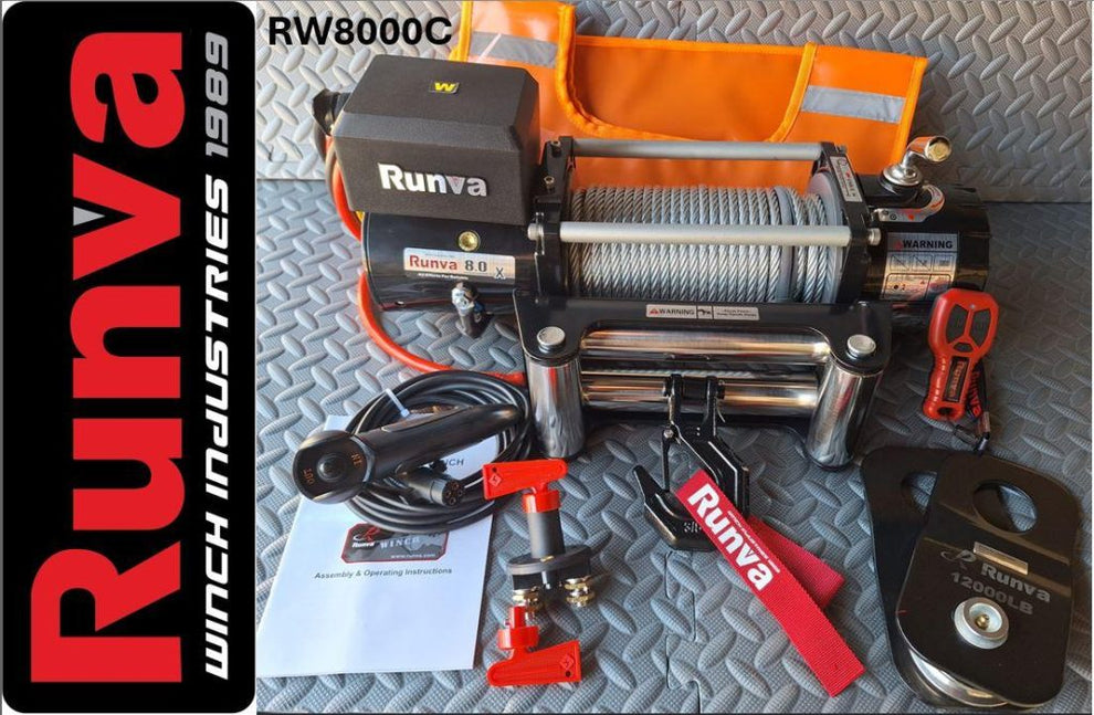 RUNVA WINCH - Steel Cable 8000lbs (3 629kg) 12V - 2 x Remotes (Wire+Wireless)