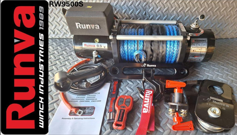 RUNVA WINCH - Synthetic Rope 9500lbs (4 309Kg) 12V - 2 x Remotes (Wire+Wireless)