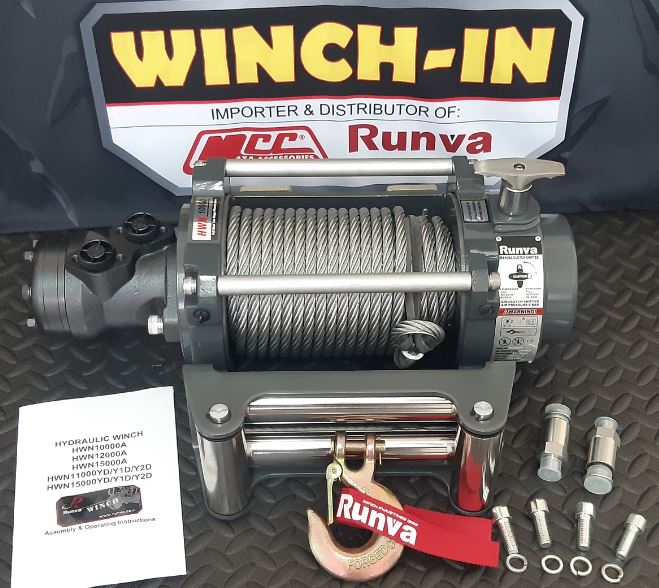 RUNVA WINCH - Hydraulic - Steel Cable 10000lbs (4 536Kg) - Stainless steel roller fairlead included.