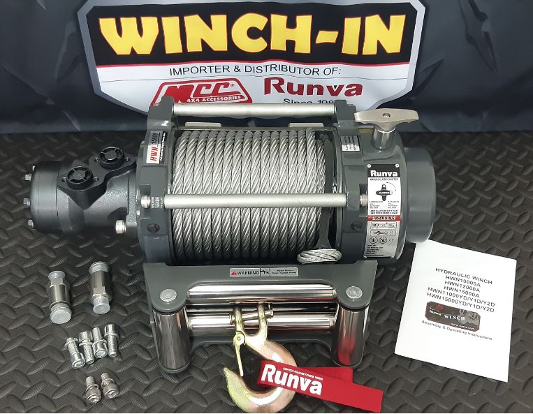 RUNVA WINCH - Hydraulic - Steel Cable 15000lbs (6 804kg) - Stainless steel roller fairlead included.